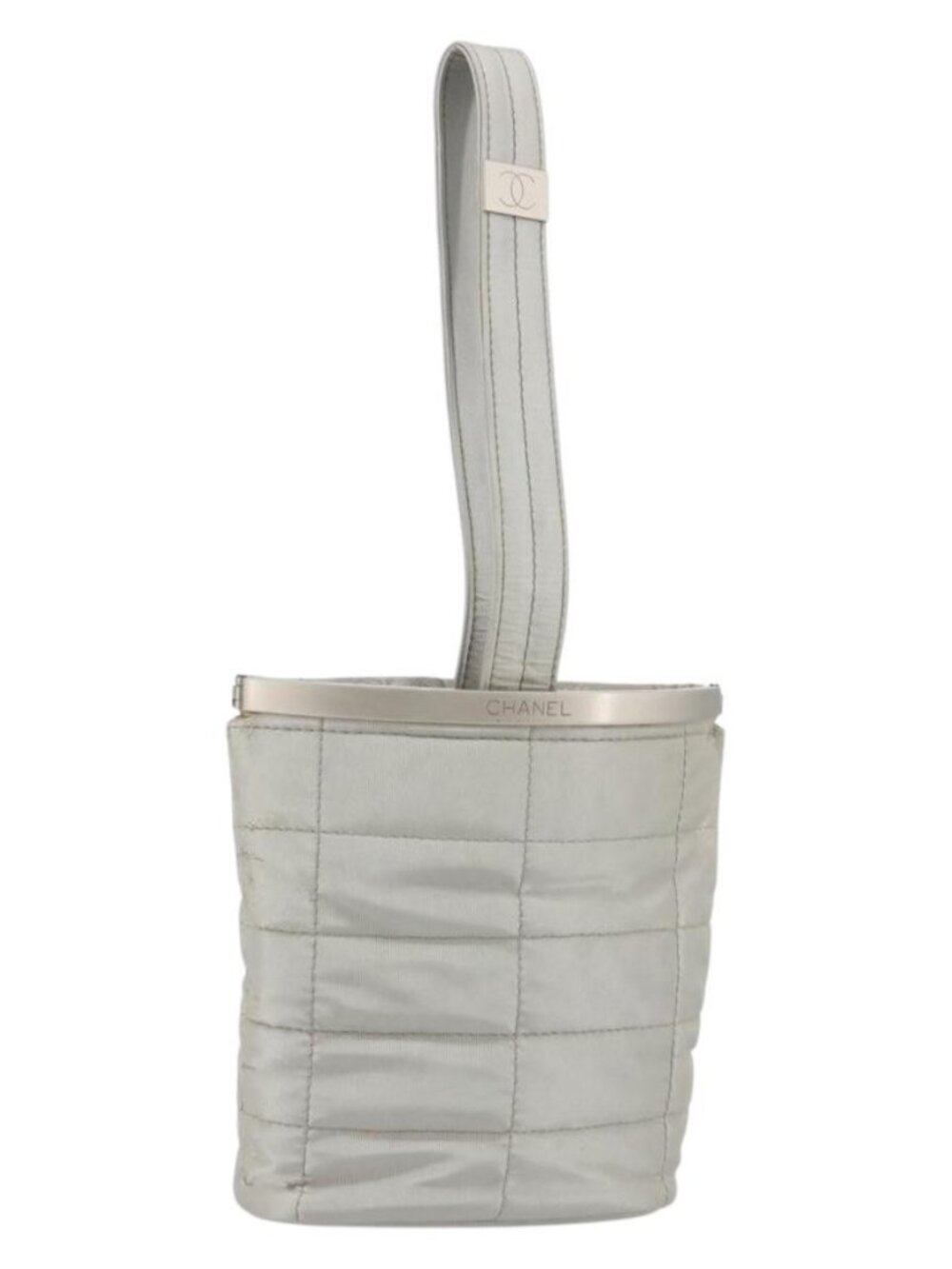 CHANEL Choco Bar Hand Pouch Nylon Silver CC Auth bs35353